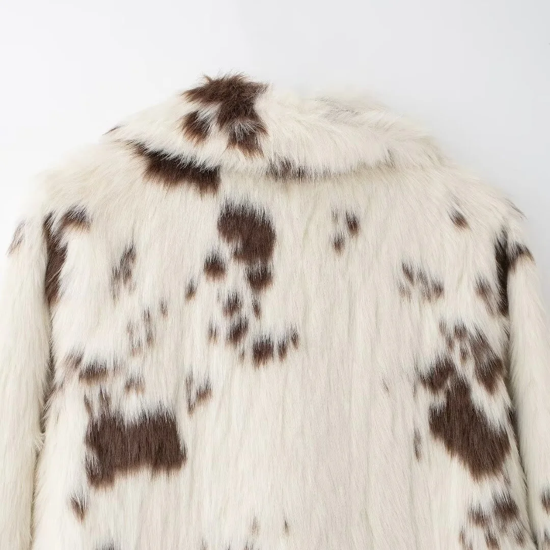 ZA women's 2024 autumn and winter new coat with animal pattern print on the collar, single breasted long imitation fur jacket