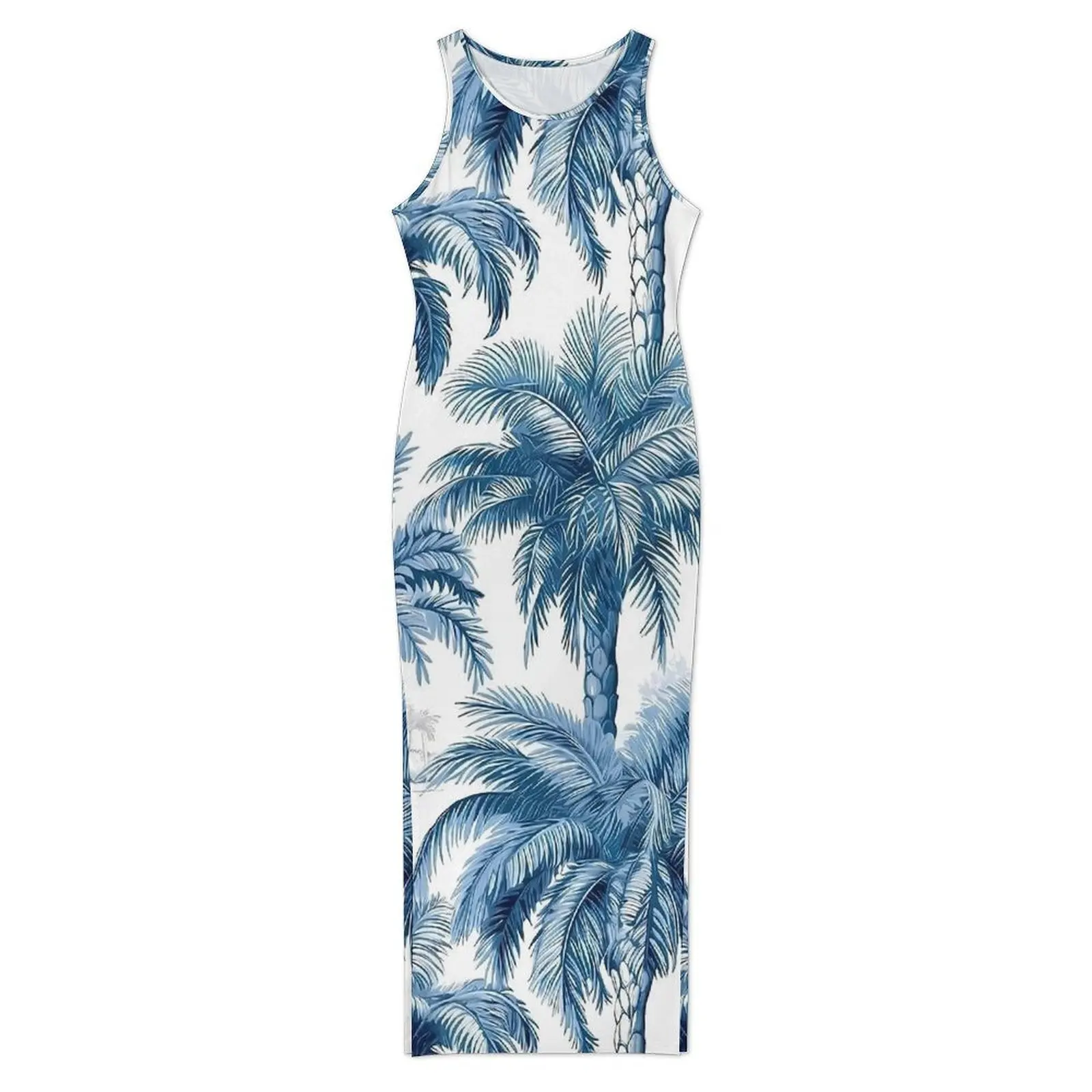 Hawaiian Blue Tropical Botanical Bodycon Dress Summer Trendy Maxi Dresses Female Sleeveless Pattern Y2K Fashion Dress Big Size