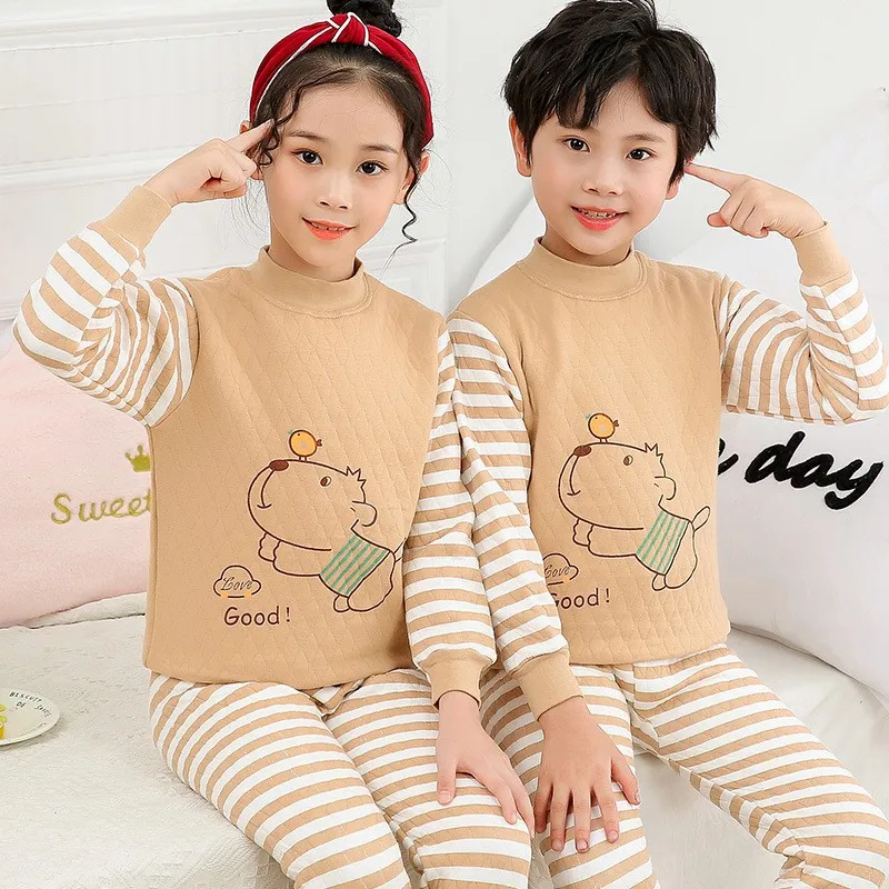 Winter Thick Cotton Pajama Tops+Pants 2-piece Set Thermal Underwear Cartoon Print Kids Boys Girls Baby Sleepwear Suit Clothing