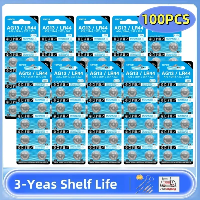 

100pcs LR44 Batteries AG13 Button Cell Battery 1.5V 357 SR44 LR1154 Button Coin Batteries L1154 Battery for Watch Toys Remote