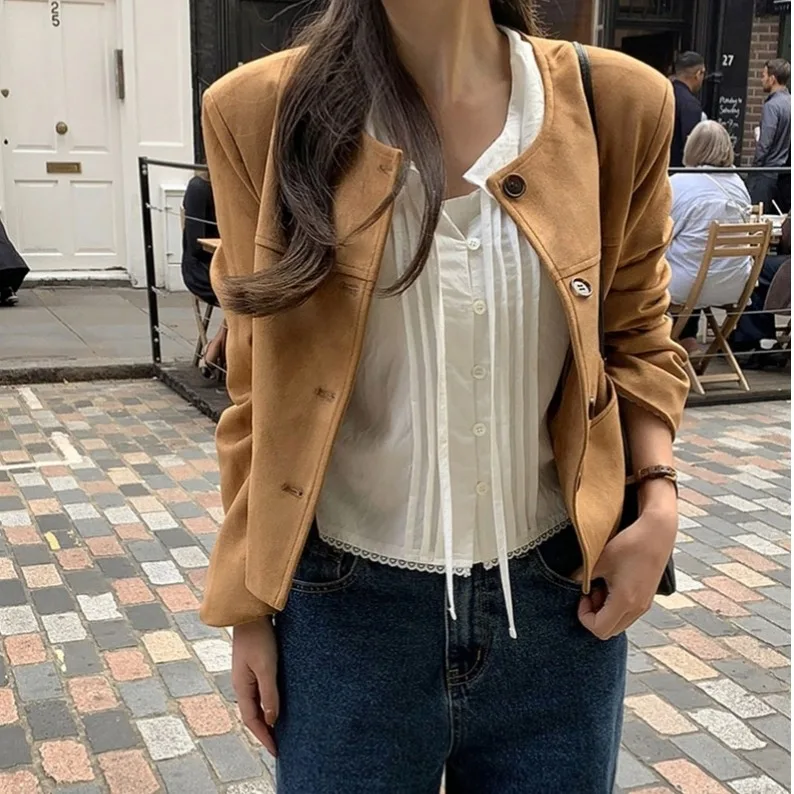 

Шикарное корейское женское замшевое платье Jaet ort, повседневное осенне-зимнее винтажное простое пальто русалки на одной пуговице, женский топ