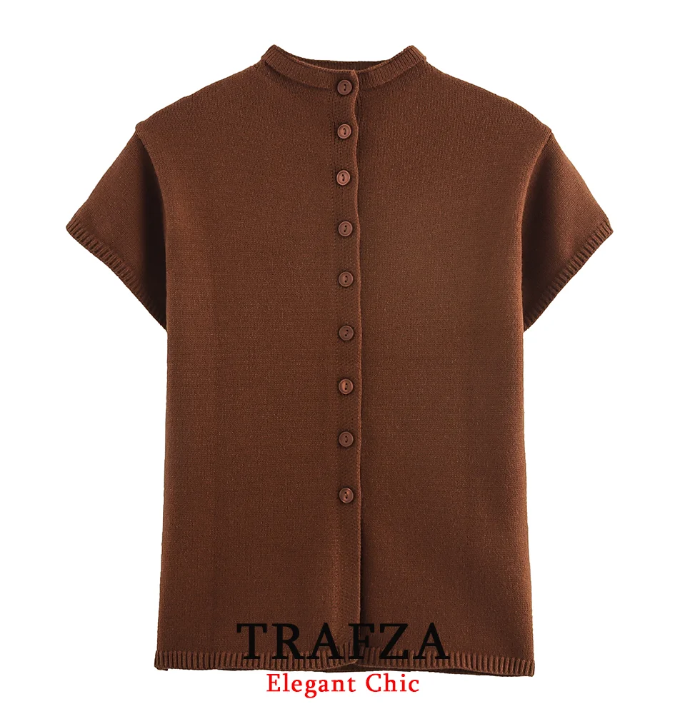 

TRAFZA Elegant Lady Slim Knitted Cardigan O-Neck Short Sleeves Slim Tops 2025 Spring Fall Fashion Casual Lady Brown Cardigan