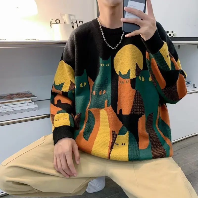 

Мужской свитер большого размера с принтом американского мультяшного кота, многоцветный жаккардовый вязаный уличный пуловер с круглым вырезом, уличный топ