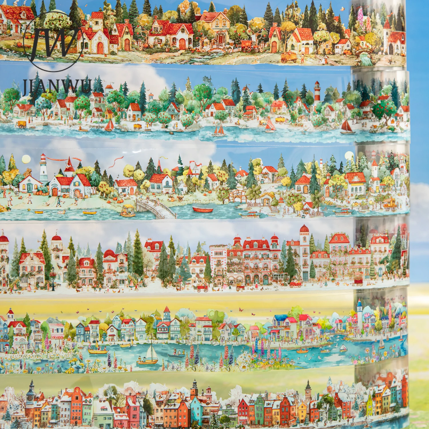 JIANWU Enter The Town Series Vintage Tree House River Landscape Material Collage PET Tape Creative DIY Journal Stationery