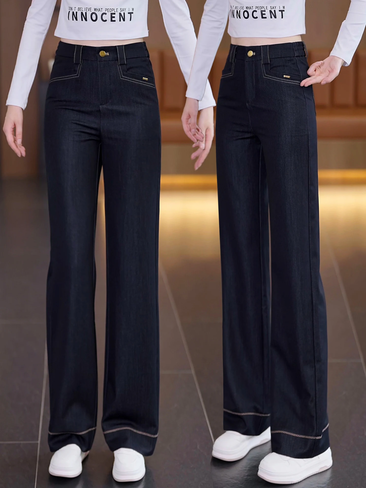 

Джинсы прямого кроя Deep Blue для женщин, с высокой талией, утягивающие, повседневные, узкие, широкие брюки, весна-осень, новый стиль