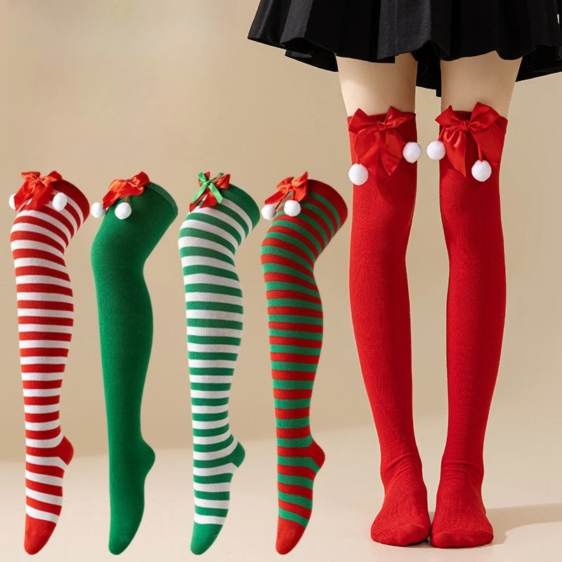 Bow Christmas Halloween Women's Long Tube Hosiery Pinstripe Beautiful Socks Festival Fur Ball Over The Knee Bowknot Stockings