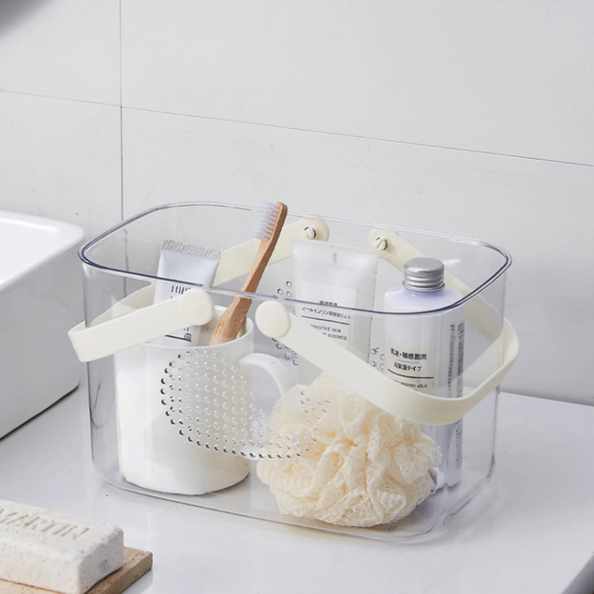 علبة دش الحوت المحمولة مع مقبض سلة تخزين الحمام الشفافة لأساسيات الاستحمام في النوم الجامعي