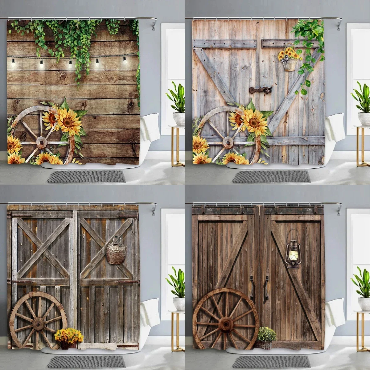 

Винтажная занавеска для душа из деревенской древесины, занавеска для душа, занавеска для двери сарая, Цветочная загородка с зелеными листьями из полиэстера, декоративная занавеска для ванной комнаты