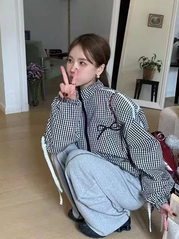 

Faionable Korean Sle Printed ort Jaet Women's Autumn Knot Zipper Casual Stand Collar Stripe Patterned Coat