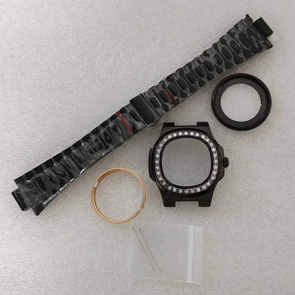 New Watch Accessories 41mm Case with Diamonds PP Nautilus Black Case + Strap with NH35 NH36 Movement for 30.5mm Dial