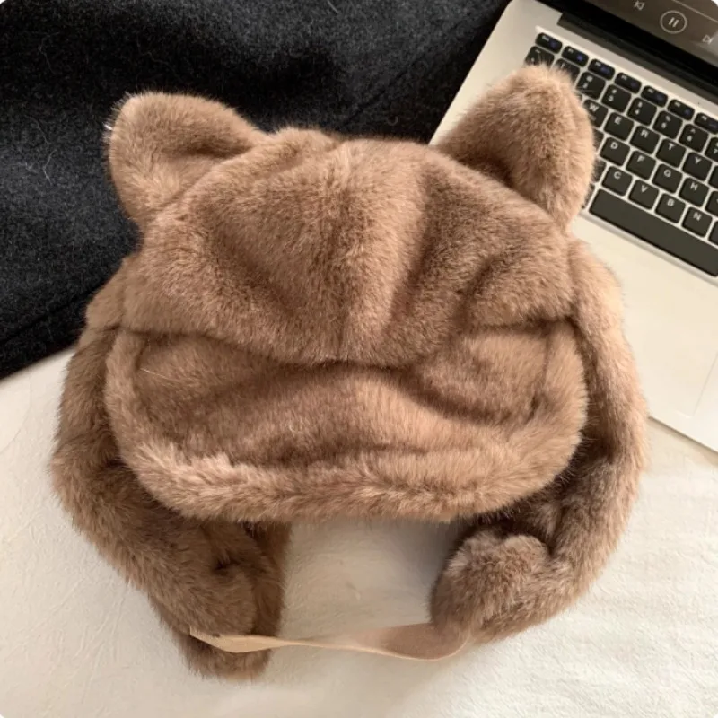 Winter Cute Cat Ears Plush Lei Feng Cap Women's Outdoor Leisure Cycling Ear Protection Warm and Versatile Flying Bomber Hats