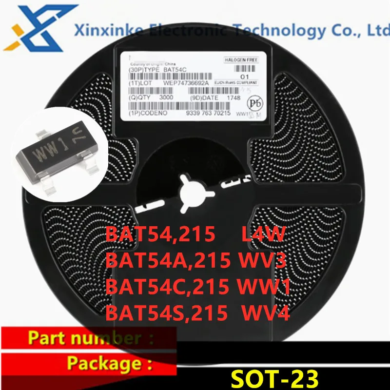 3000PCS BAT54 L4W SOT-23 BAT54A,215 BAT54C,215 BAT54S,215 Marking：WV3 WW1 WV4 BAT54A/C/S Schottky Diode 200mA 30V