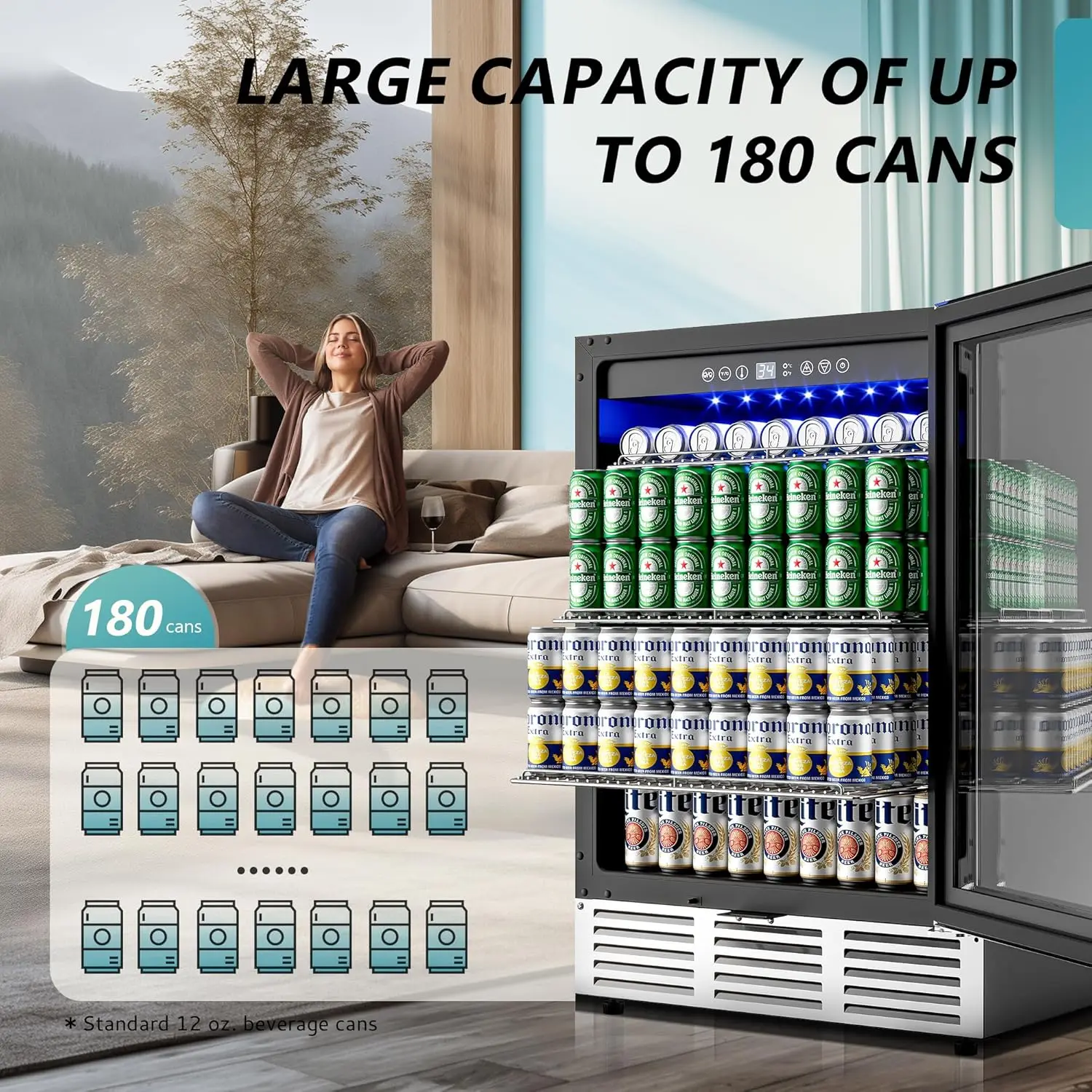 EUHOMY-refrigerador de bebidas de 24 pulgadas, refrigerador de bebidas integrado de 180 latas, refrigerador de cerveza debajo de la encimera con puerta de vidrio para refrescos