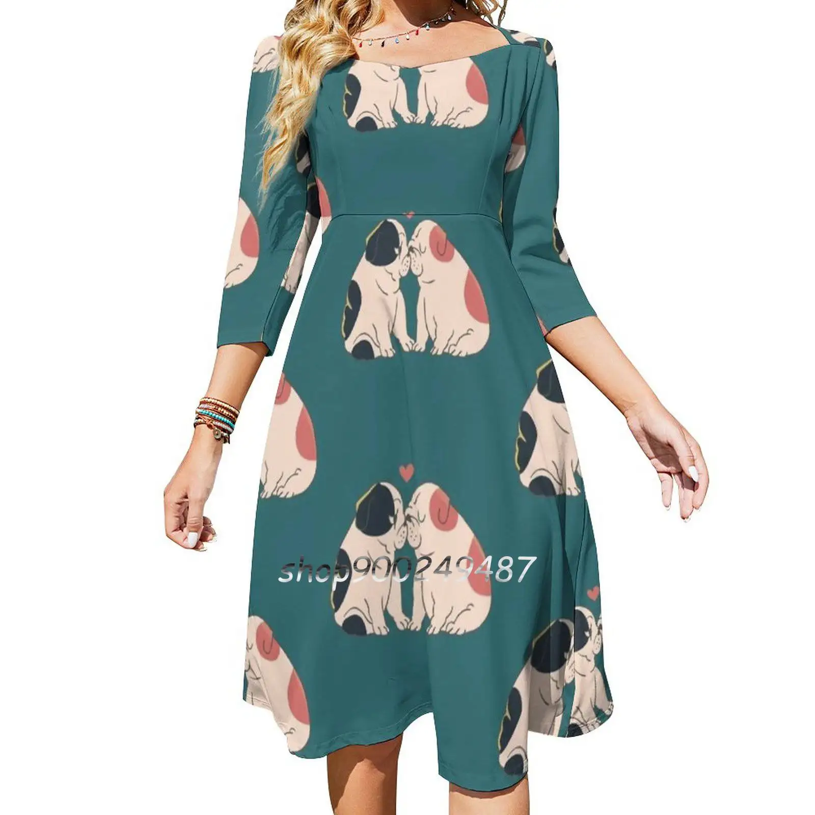 English Bulldog Kisses Slim Dress With Hollow Waist Autumn Winter Sexy Multiple Styles Dresseses English Bulldog Kissing Love