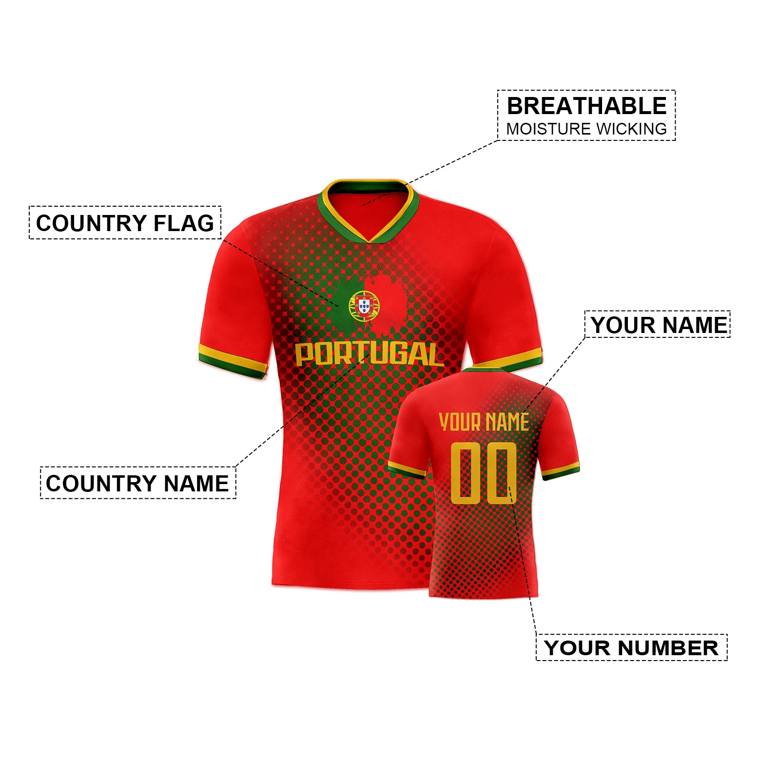 Custom Portugal Soccer Jersey for Men Women Kids Quick-Dry Football Shirt Personalized Name Number Soccer Team Shirts view 2