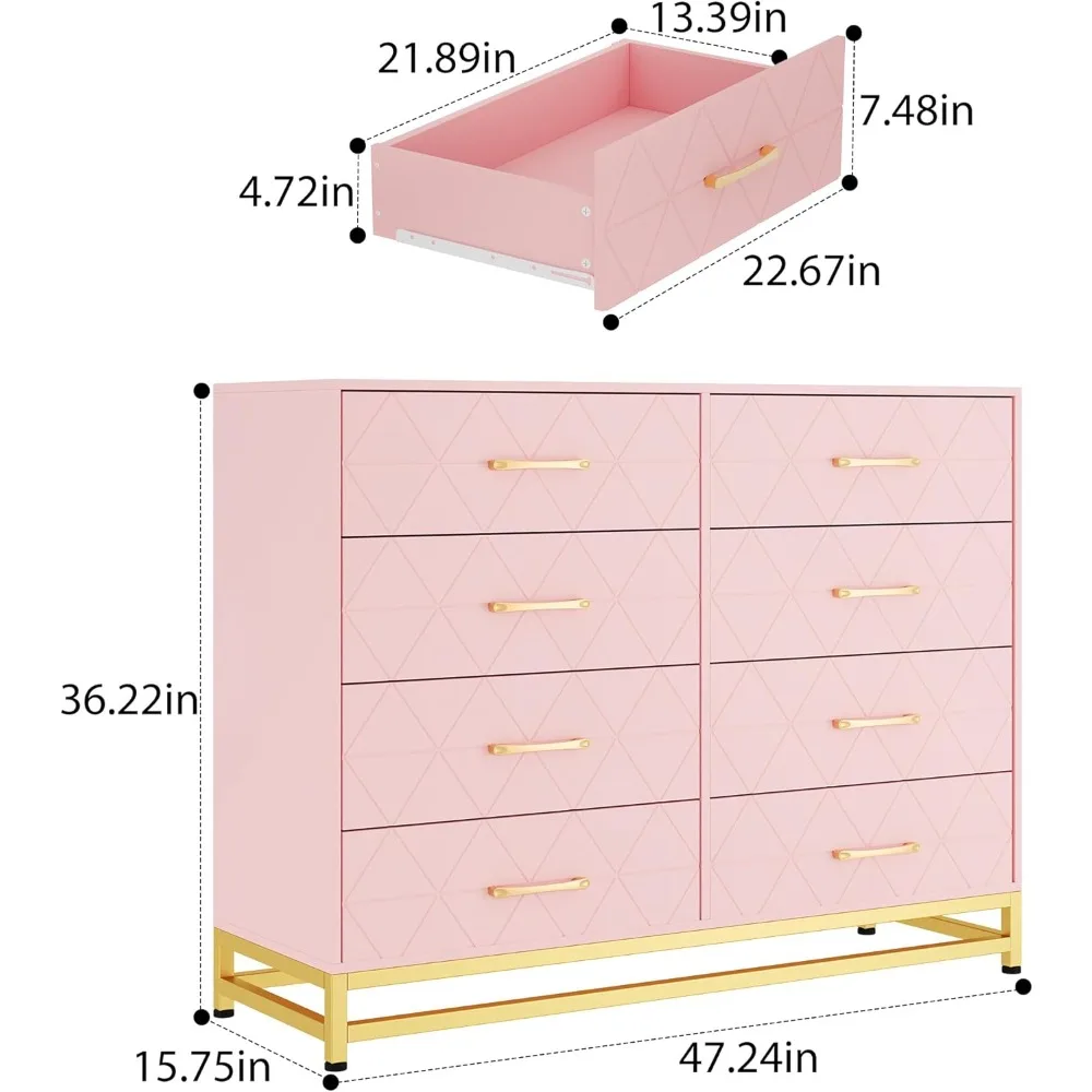 GAOMON Dresser for Bedroom with 8 Drawer, TV Stand Dressers Chest of Drawers for Living Room Hallway Entryway, Pink