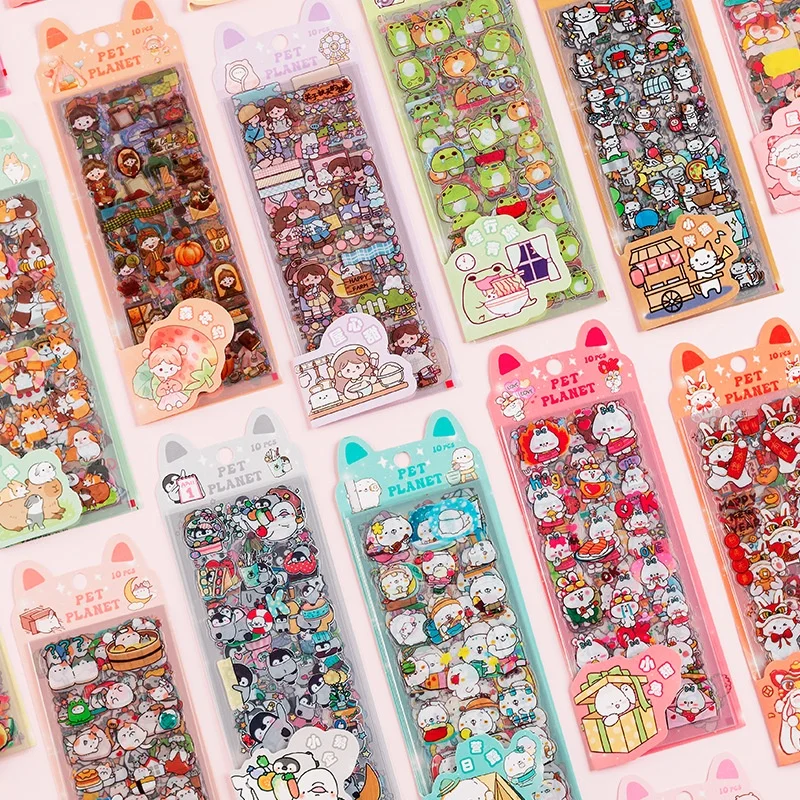 10Sheets Pet Planet Series Cartoon Transparent Waterproof PVC Ledger Material Stickers For Hand Account Pencil Case Decals