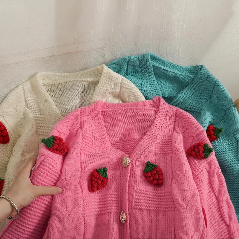 Korean Fashion Pink Strawberry Sweaters for Women Autumn Winter 2022 Long Sleeve Knitted Woman Cardigan Single Breasted Jackets