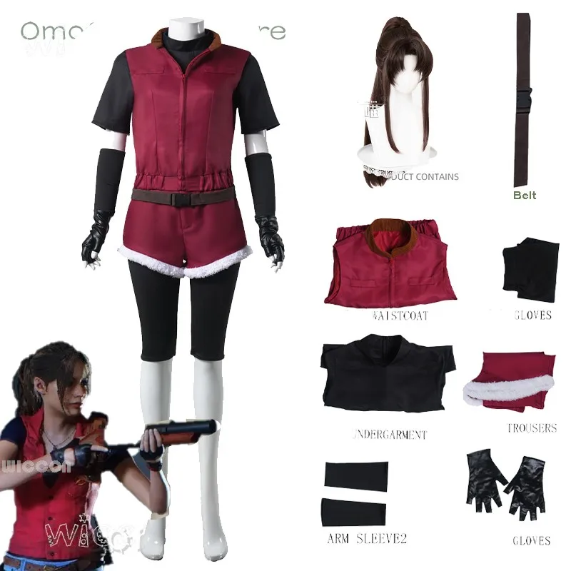 Personalizado Resident 2 Re2 1988 Claire Cosplay Evil Redfield disfraz peluca uniformes rojos pantalones cortos Halloween carnaval fiesta ropa