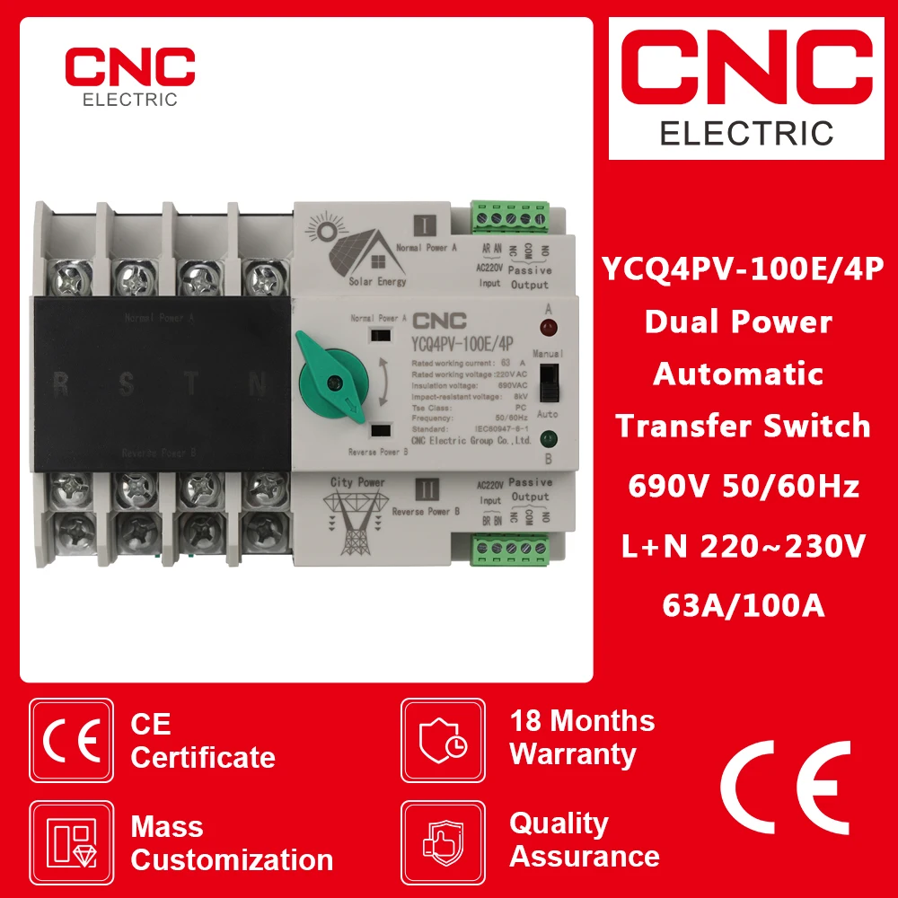 CNC 4P Din Rail ATS PV Inverter Dual Power Automatic Transfer Selector Switches Uninterrupted Photovoltaic Solar