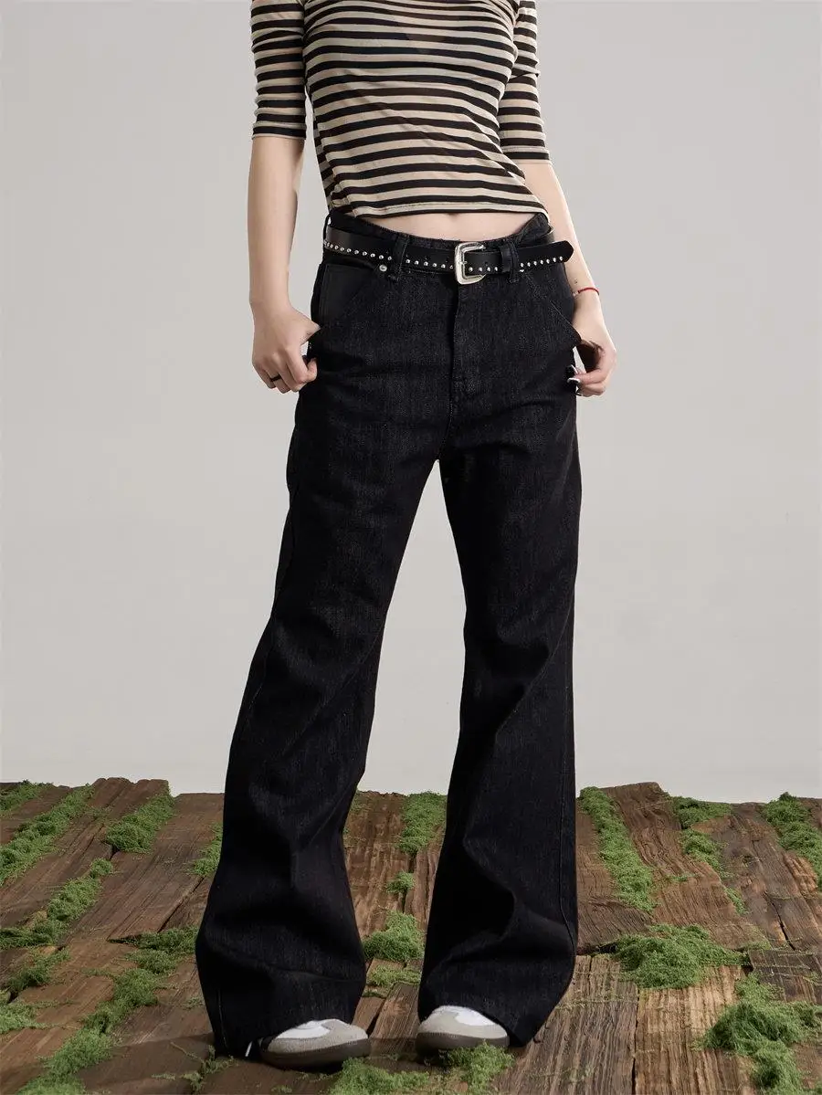 Calças Jeans Retrô Americanas Bordadas Slim de Perna Reta para Homens e Mulheres - Novas Calças Pretas Estilosas Boca de Sino...