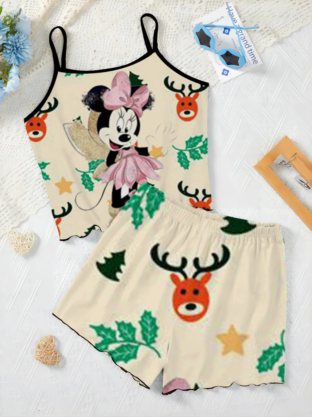 Camiseta Mickey Top Minnie Mouse elegante conjuntos de mujer pijama falda vestido deslizante Disney Navidad lechuga piezas de adorno traje corto Top