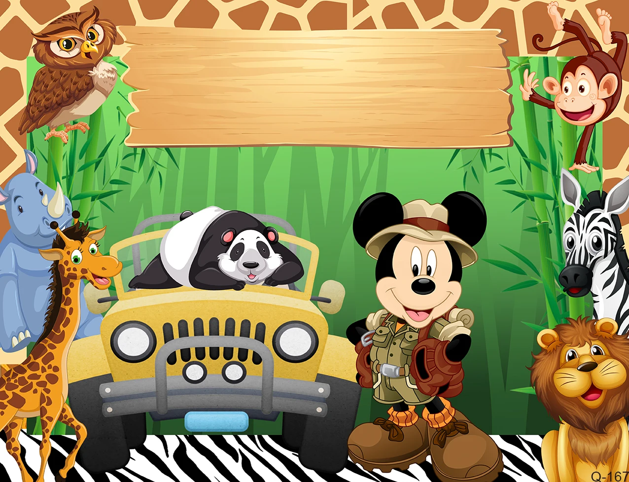 Forest Safari Mickey Jungle Boys Birthday Party ฉากหลัง Disney Mickey Minnie สัตว์เด็ก Wild One การถ่ายภาพพื้นหลังแบนเนอร์