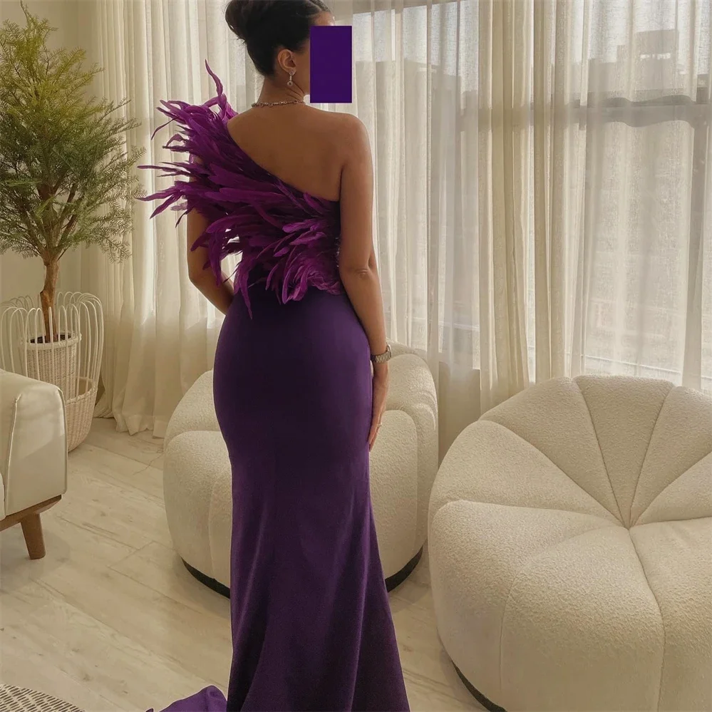 Prom Dresses Fashion One Shoulder Sheath Party Dress Floor Length Sleeveless Feathers Formal Evening Gowns 이브닝드레스 فستان سهره