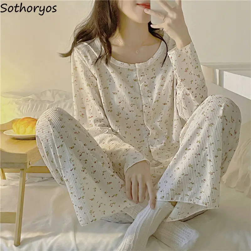 Women Floral Pajama Sets Sweet Simple Long Sleeve Button Tops Loose Comfort Lace Princess Nightwear Home Sleepwear Student New