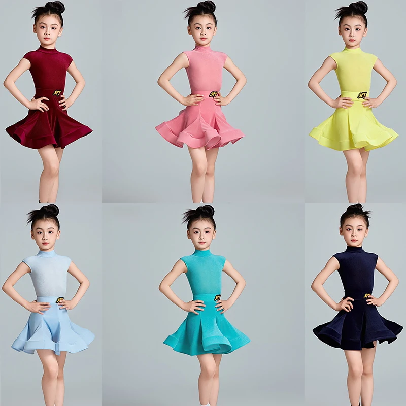 

Girl Latin Dance Dress Children Professional Competition Dance Suit High Collar Bodysuit Summer Performance Stage Wear Blue 3412