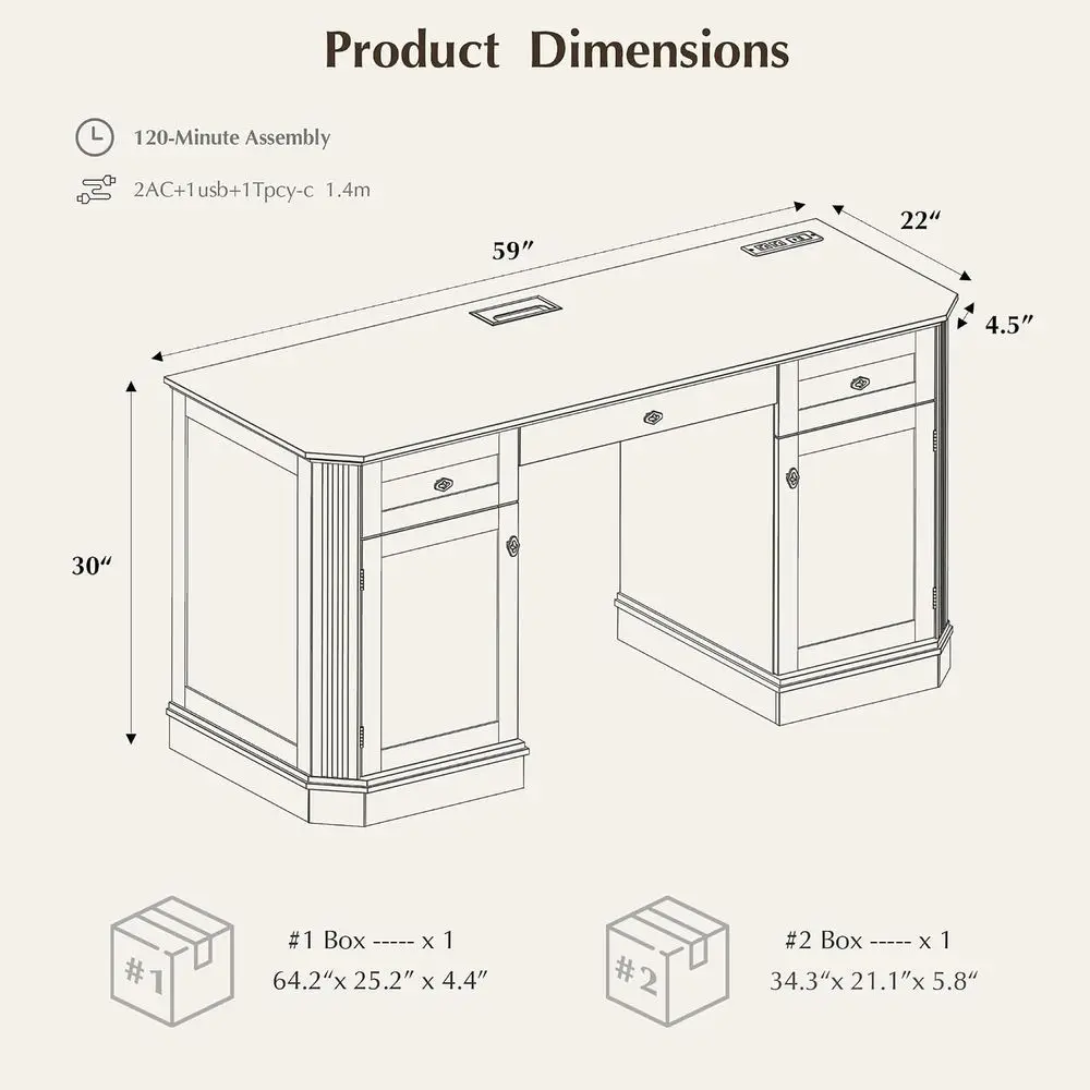 59-inch Classic Executive Desk with Storage, Charging Station, Keyboard Tray, 3 Drawers, 2 Cabinets, Easy Assembly, Walnut Finis