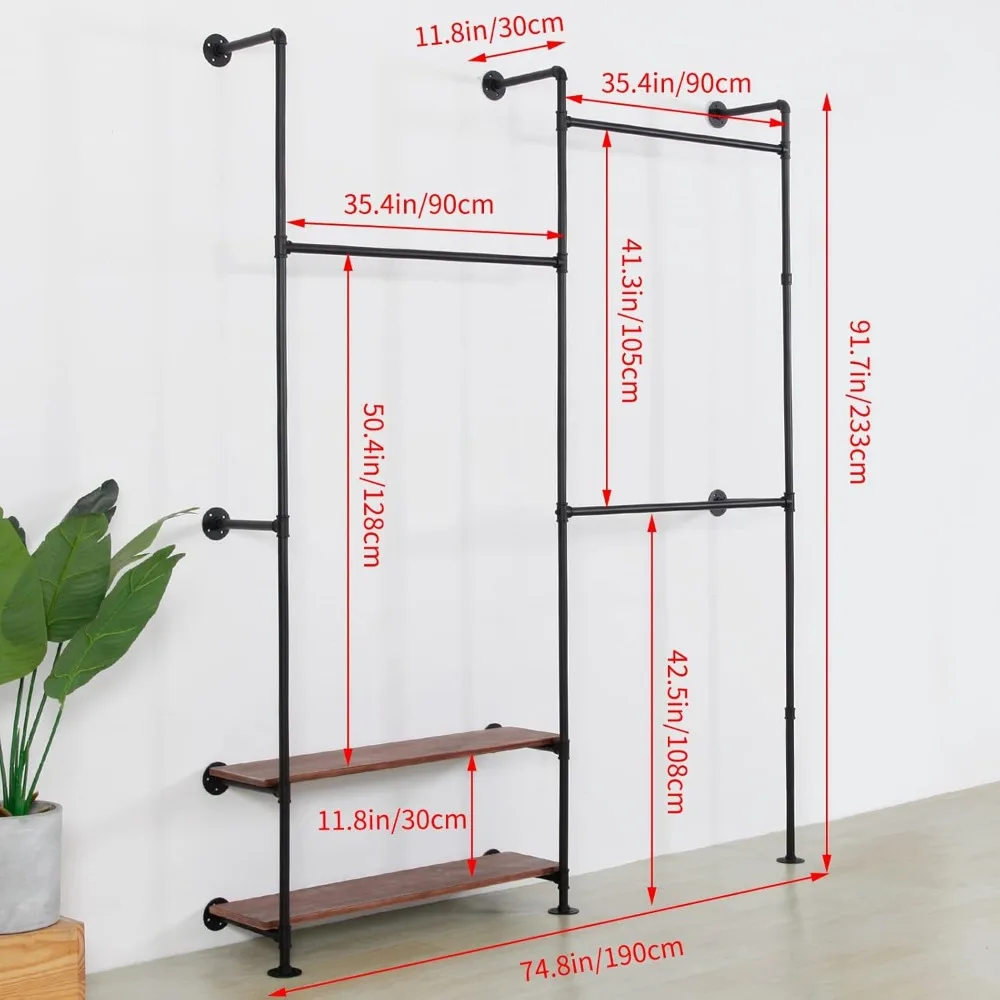 Wall Mounted Industrial Pipe Clothing Rack Wood Garment Rack Hanging Clothes Rack Multi-purpose Heavy Duty Hanging Rod,