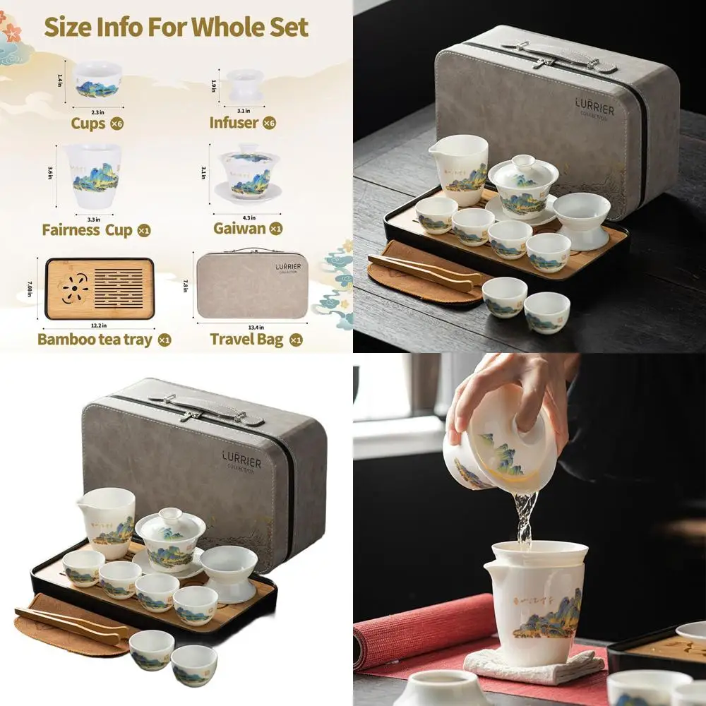

Portable Asian Ceramic Tea Set with Grey Leather Case, Ideal for Travel, Home, and Office - White Jade Thousand Mile and Mountai