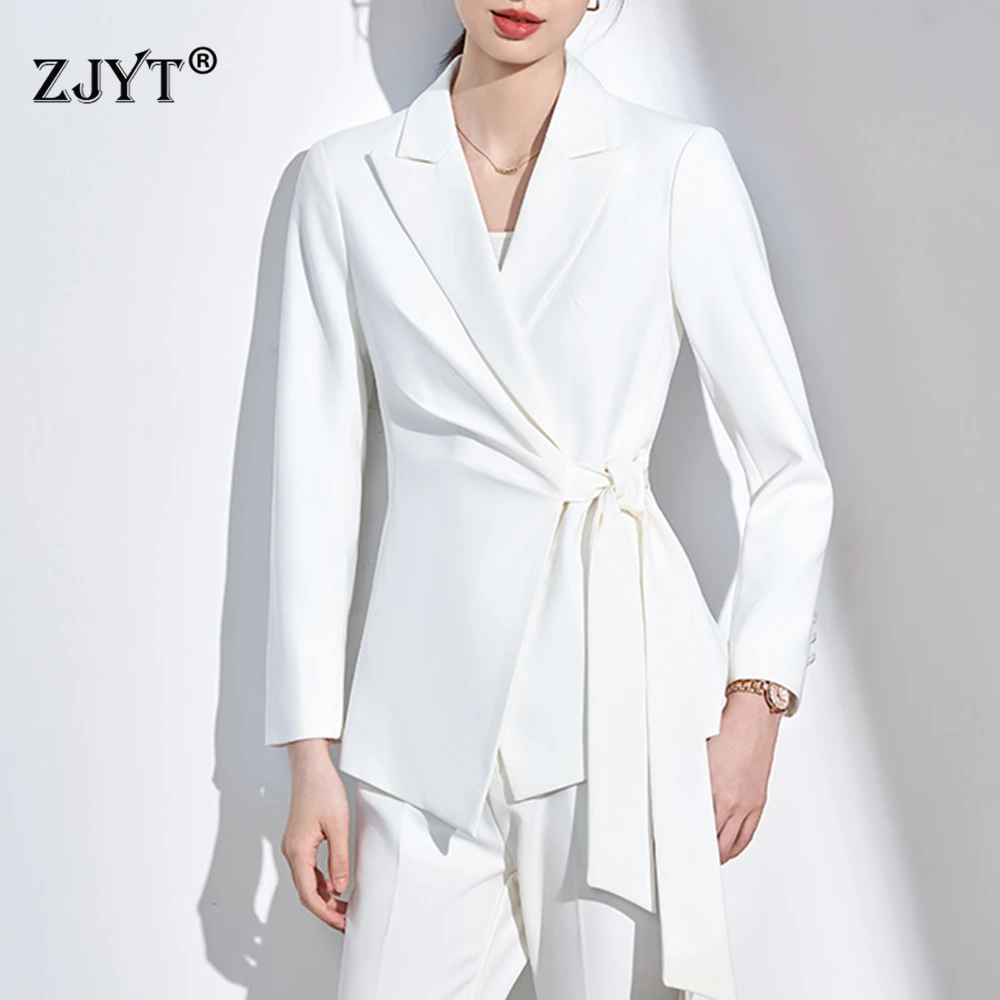 

ZJYT Elegant Business Chic Blazer Suit Trousers 2 Piece Sets Woman 2025 Autumn Lace Up Jacket and Pants Sets White Black Outfits