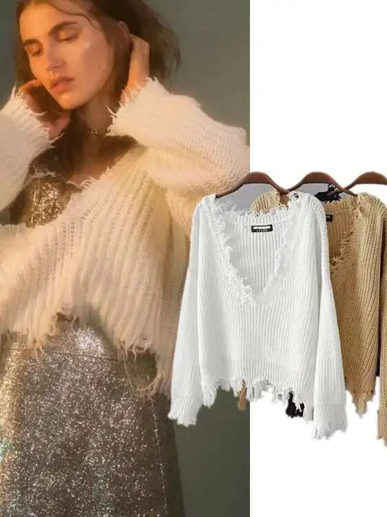 2024 Autunno/inverno Nuovo Scollo A V Manica Lunga Nappa Maglione Lavorato A Maglia delle Donne Allentato di Colore Solido Casual Versatile Pullover H226