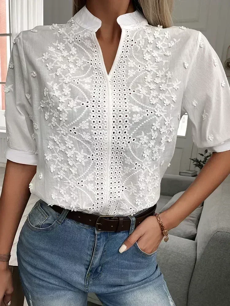 Summer Women Casual Chic White Blouses V Neck Hollow Out Floral Pattern Eyelet Embroidery Half Sleeve Daily Wear Top