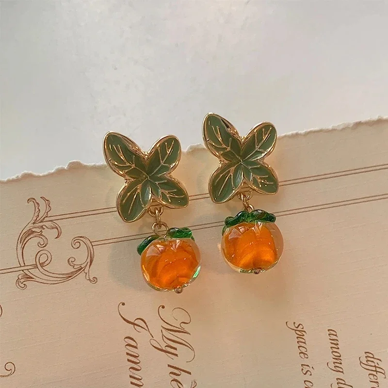 Creative Persimmon Orange Color Flower Leaf Earrings for Women Painting Oil Glazed Glass Cherry Clip on Earrings No Piercing