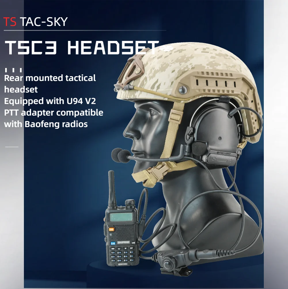 TS TAC-SKY Tactical Communication Noise Canceling Pickup Headset with V2 U94 PTT Adapter for Baofeng Kenwood Walkie Talkies