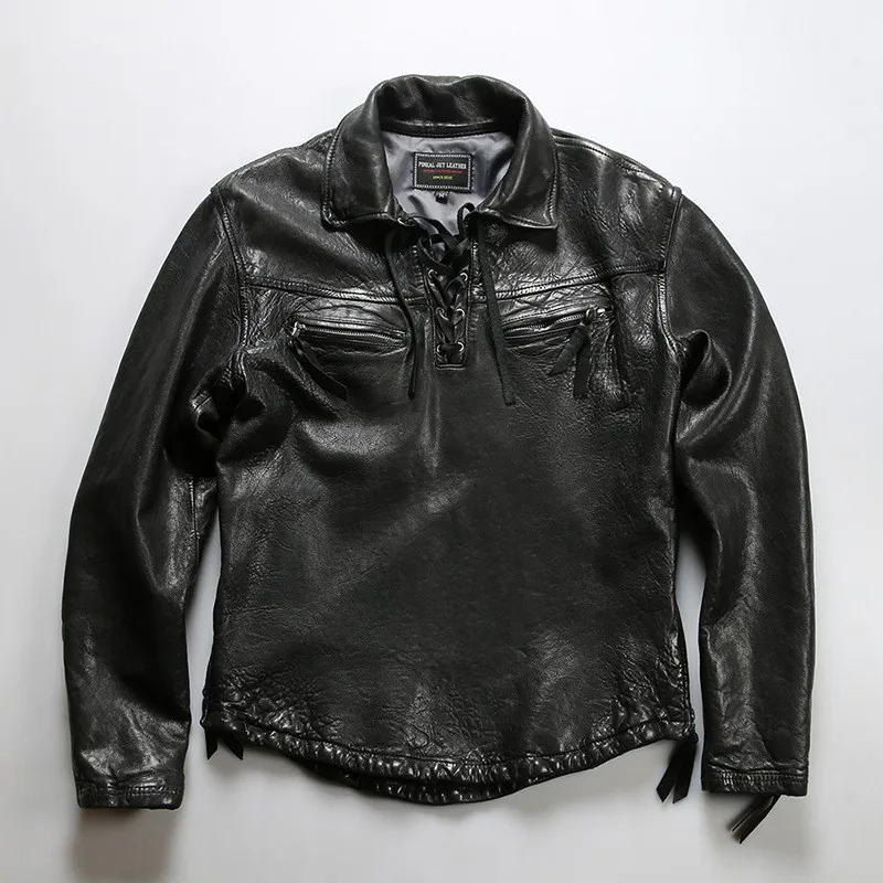 Lapel casual leather hoodie for men heavy washed vegetable-tanned cotton deck