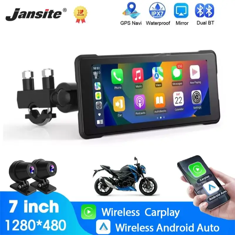 5/7 inch Carplay Motorcycle DVR GPS Navigation Wireless Carplay Android Auto Waterproof Moto Front Rear Camera Dual Bluetooth