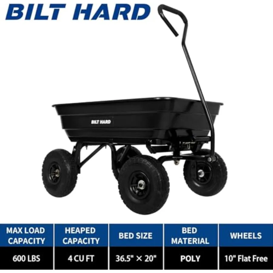 Poly Garden Dump Cart 600 lbs with No Flat Tires, Quick Release, 4 Cu Feet Dump Wagon Heavy Duty for Yard, Outdoor