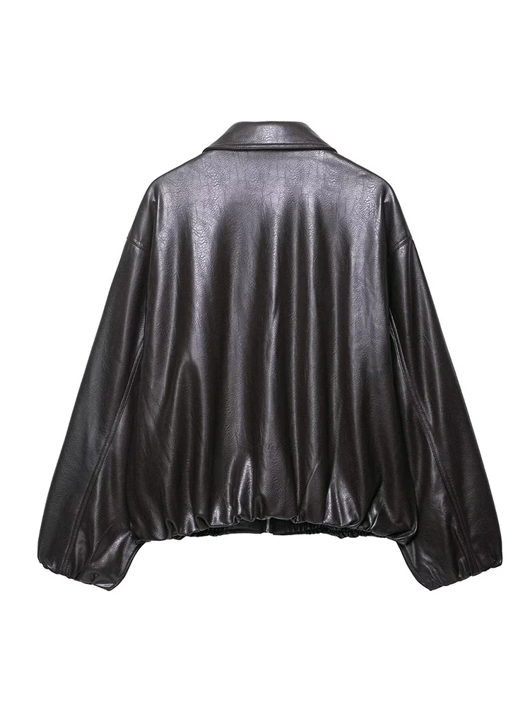 TFMLN 2025 ใหม่ผู้หญิง PU หนังเสื้อแจ็คเก็ตบอมเบอร์ปกวินเทจหลวมสไตล์เรียบง่ายแขนยาวฤดูหนาวฤดูใบไม้ร่วงสั้นเสื้อแจ๊กเก็ต