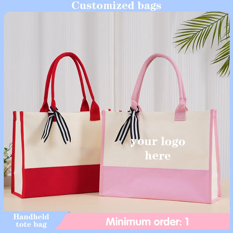 Custom Printing Splicing Hand-held Canvas Tote Bags for Women Reusable and Environmentally Friendly Large Capacity Shopping Bag