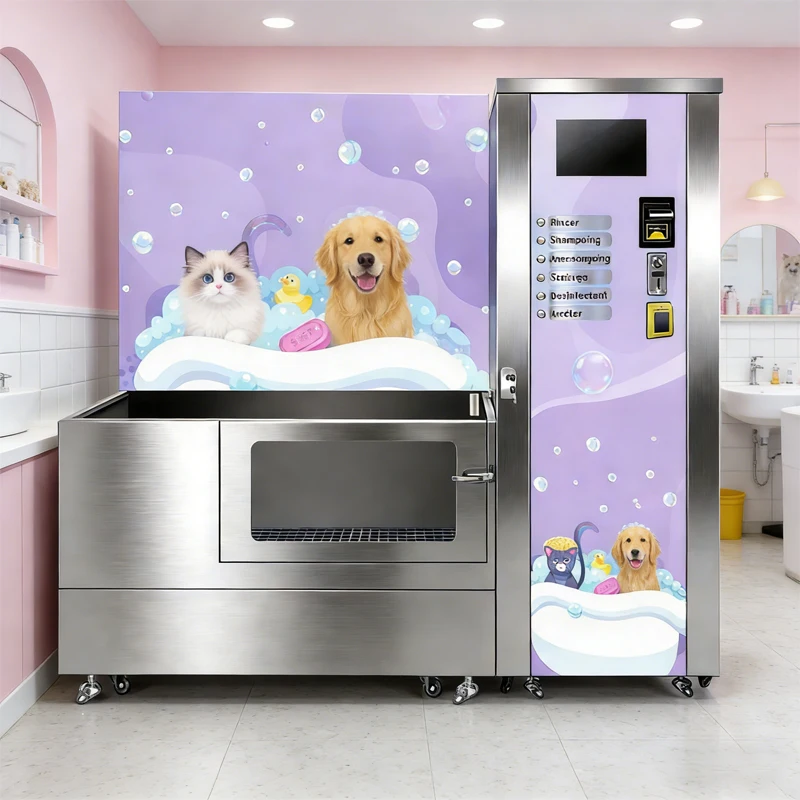 Pet Bathing Washer Dryer Box, Side-Mount Grooming Arm Rest, Energy-Efficient Heat Pump for Shop Installation Site