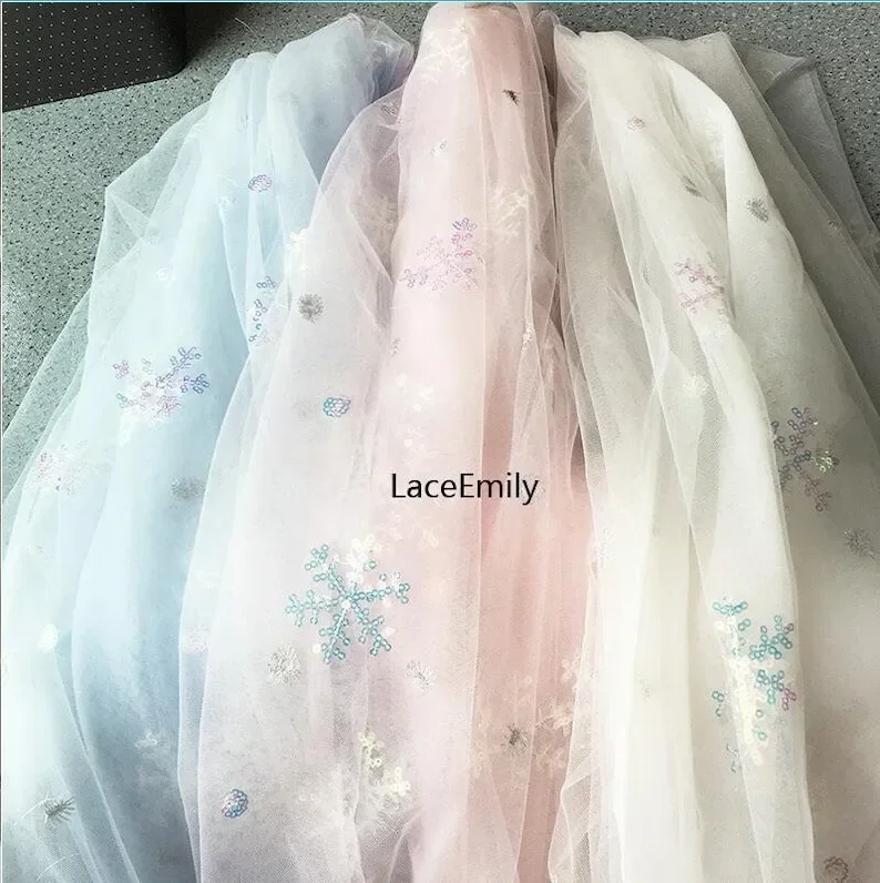 Beautiful Sequins Snowflake embroidery lace fabric Colorful snowflake soft tulle For Wedding Dress Bridal Veil girl  51