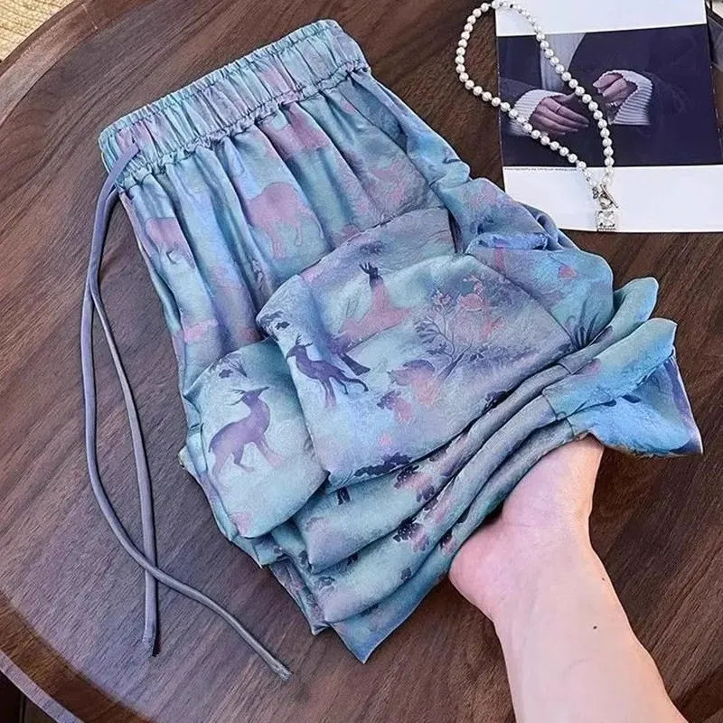 Retro Design Stylish Wide-Leg Pants For Women, New Summer Style With Elastic Waist And Drawstring, Chinese-Style Cool Pants,