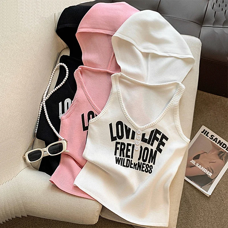 

2025 New Elastic Summer Letter Print Front Knitted Top Vacation Sleeveless Hooded Top Women's Clothing Crop Top Y2k Top