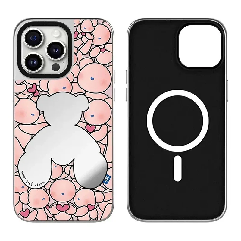 

Bear Red Plaid Black Silver Border iPhone 12 13 14 15 16 Pro Max Mirror Surface MagSafe Case Cover Shell