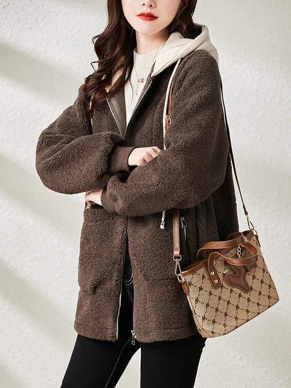 معطف نسائي شتوي مقاس كبير من فرو الضأن مع غطاء للرأس من الجلد والفراء ملابس خارجية فضفاضة غير رسمية بفتحة مستقيمة #3