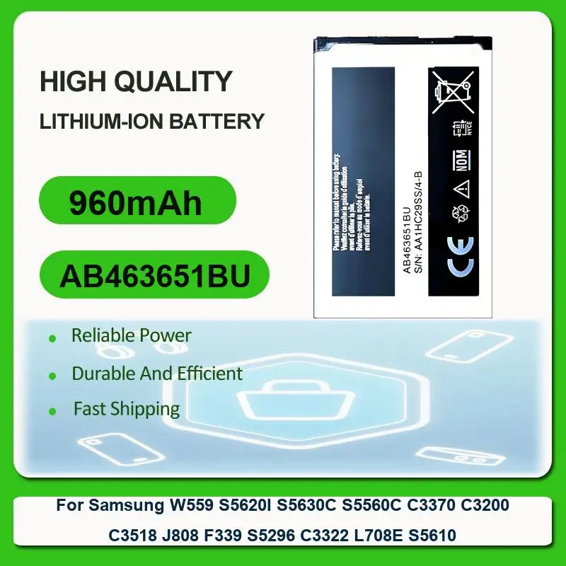 Battery For Samsung W559 S5620I S5630C S5560C C3370 C3200 C3518 J808 F339 S5296 C3322 L708E S5610 AB463651BU 960mAh